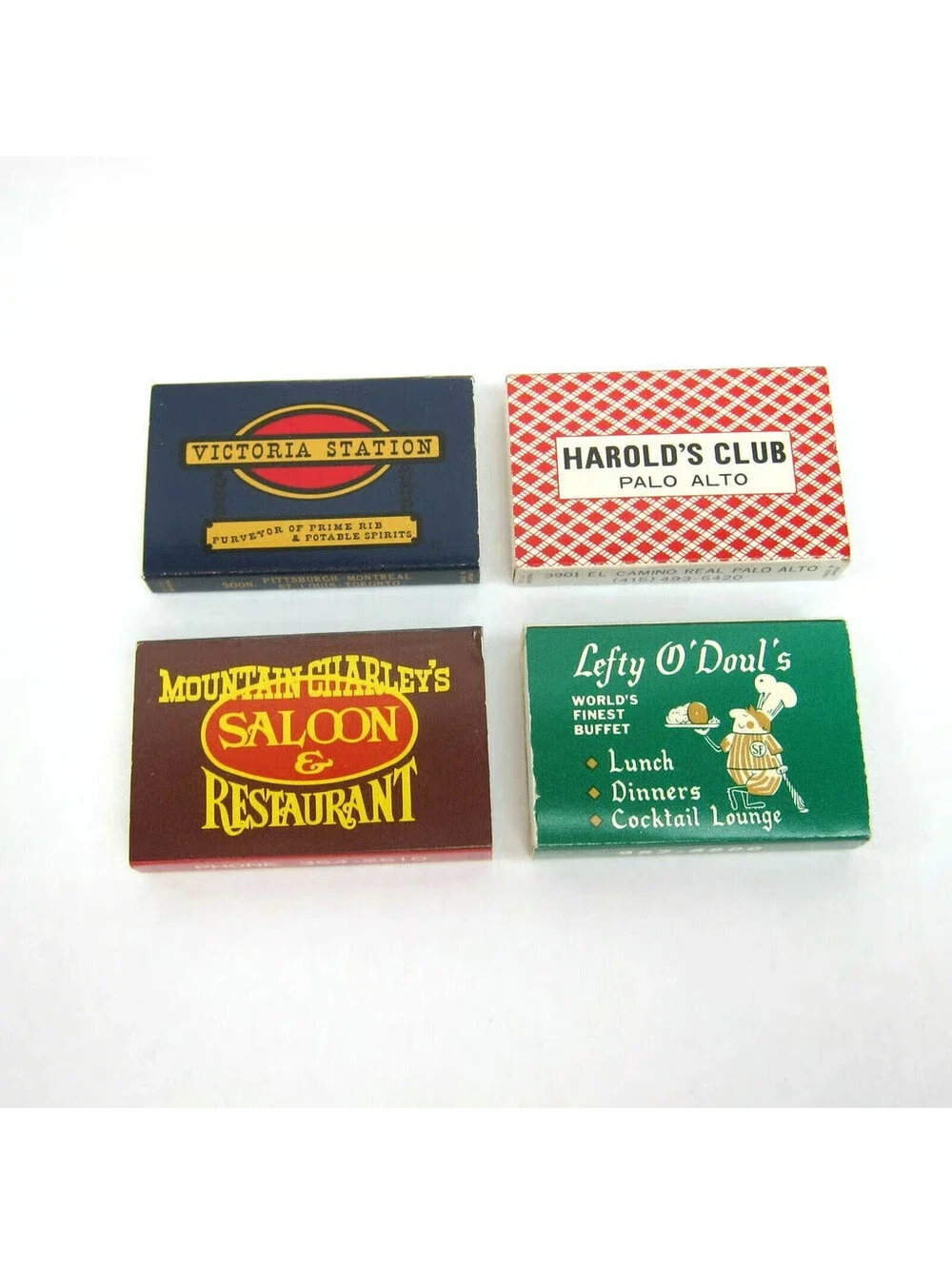 4 Vintage Matchboxes Victoria Station Harold Club Mountain Charleys Lefty Douls